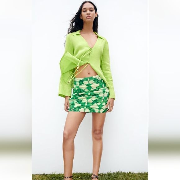 Ruffed Printed Mini Skirt Zara Green S - Picture 4 of 13